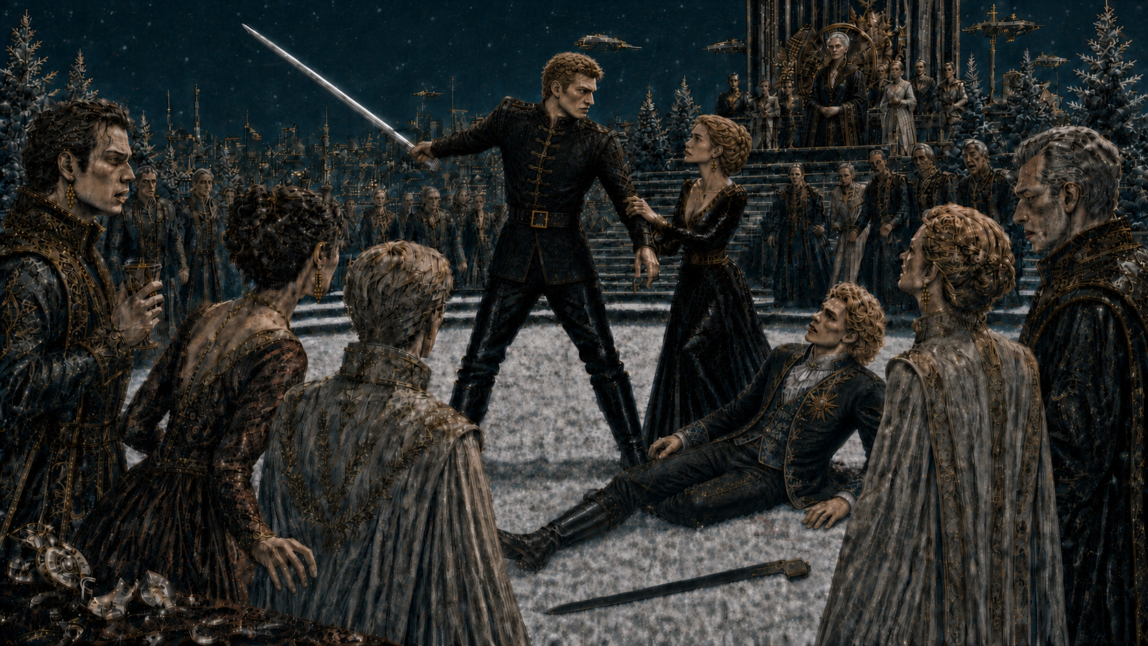 At a snow-covered gala, Darrow raises a razor over wounded Cassius while Mustang grips his wrist and the watching Golds recoil.