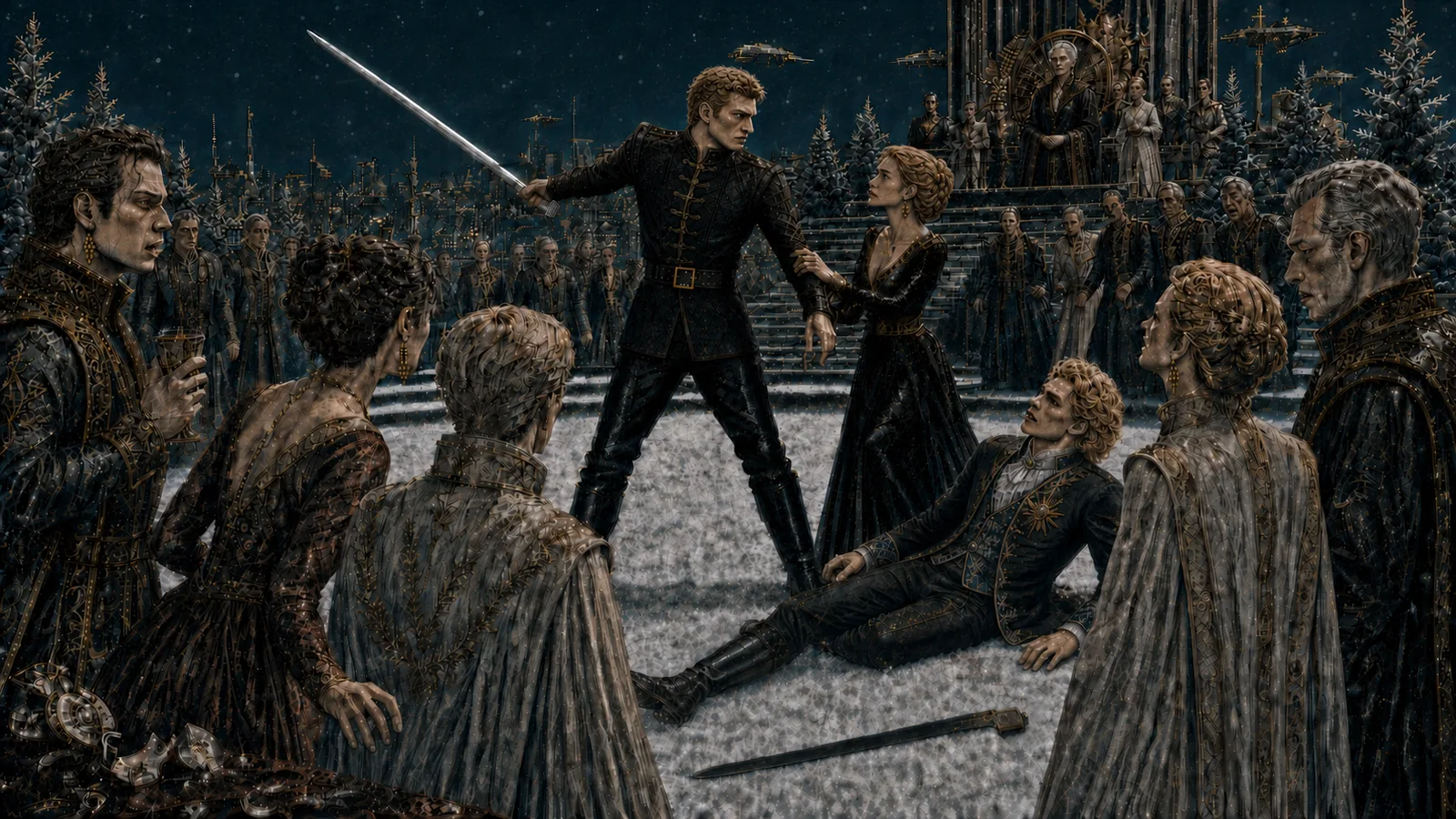 At a snow-covered gala, Darrow raises a razor over wounded Cassius while Mustang grips his wrist and the watching Golds recoil.