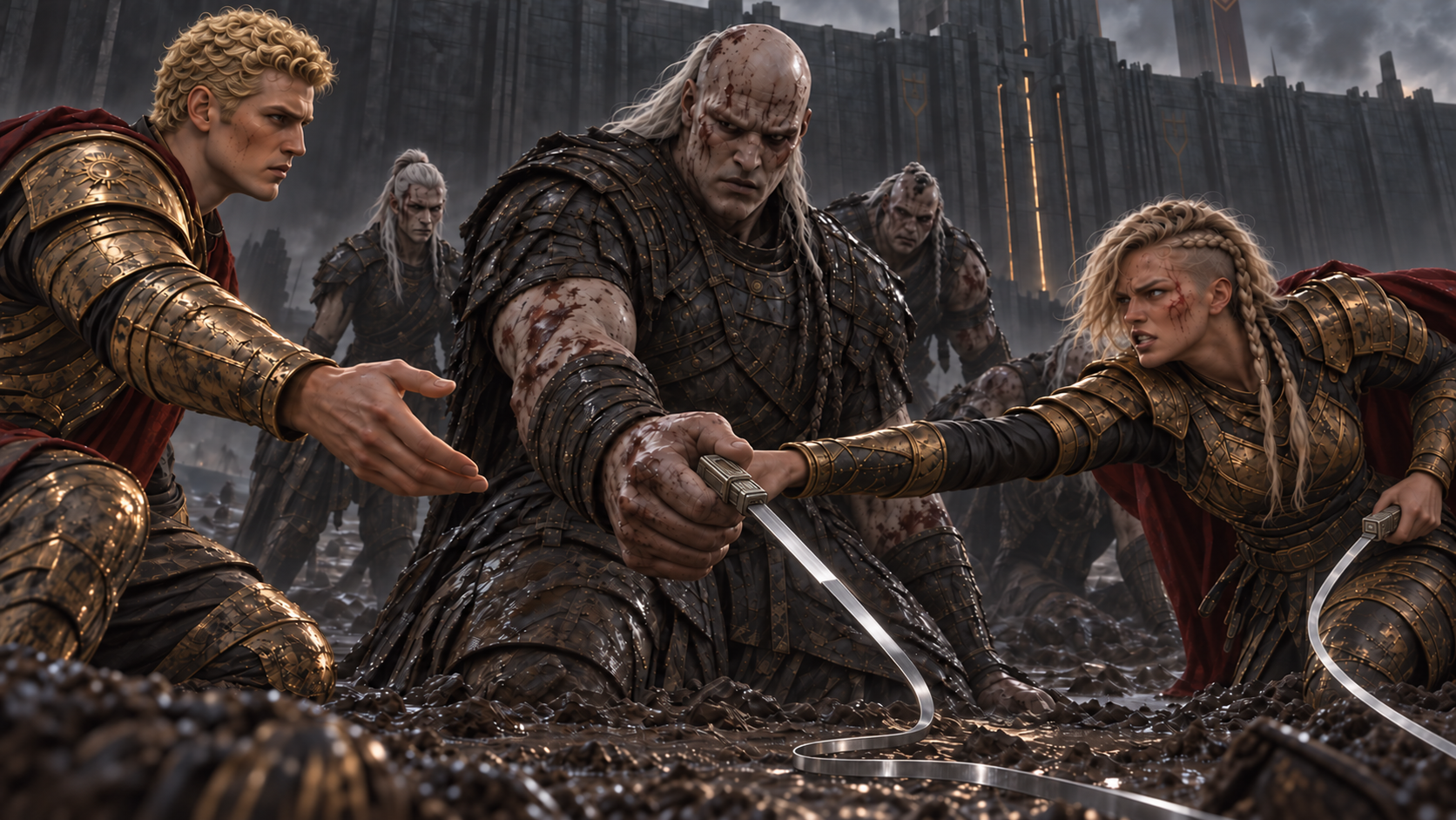 Ragnar grips a razor on a muddy battlefield beneath Agea’s wall while Darrow reaches towards him and Thistle tries to pull him back.