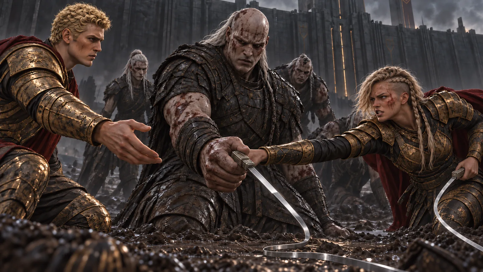 Ragnar grips a razor on a muddy battlefield beneath Agea’s wall while Darrow reaches towards him and Thistle tries to pull him back.