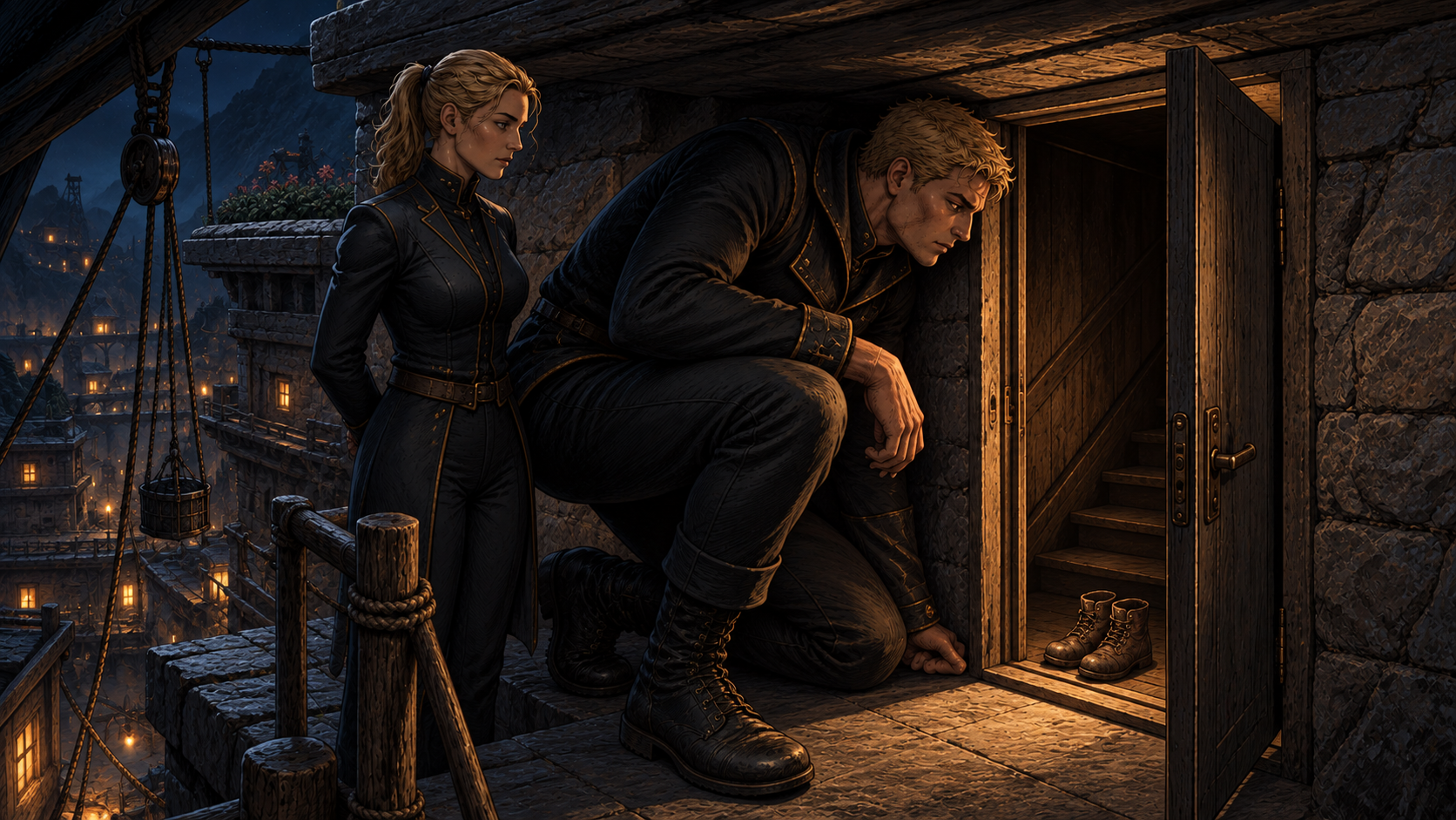 Darrow crouches through the low doorway of his childhood home, with his old boots inside and Mustang waiting behind him on the narrow landing.