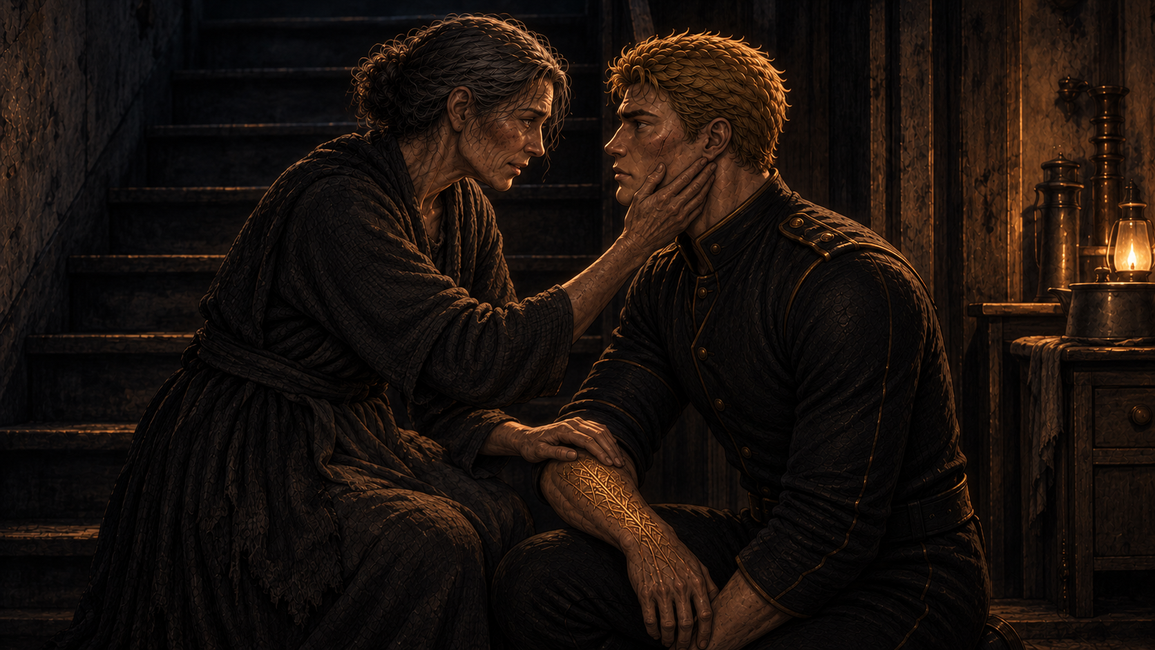 Darrow kneels beside his mother in their dark home as she touches his scarred face and Sigil-marked forearm.