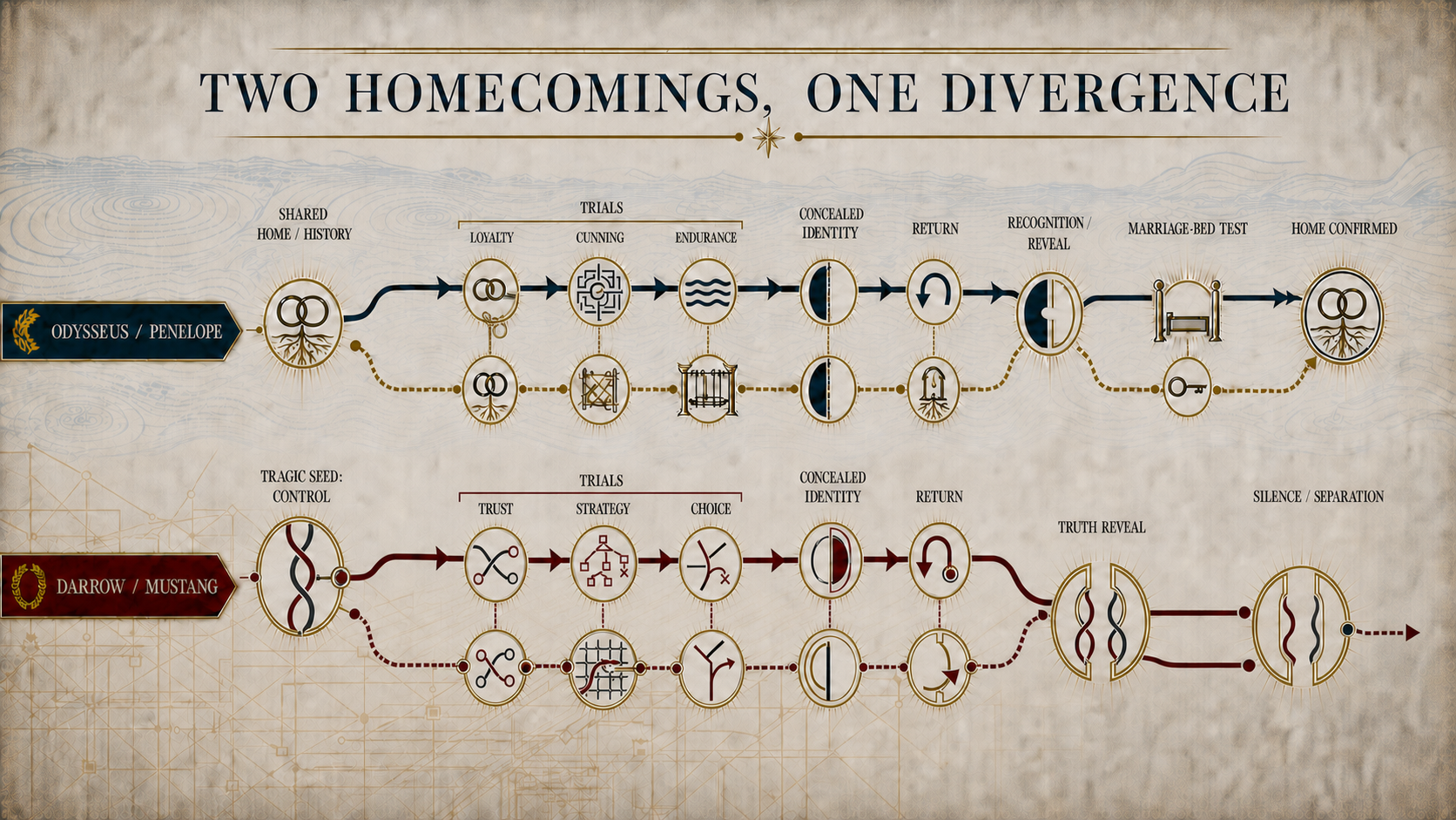 A two-lane comparison diagram follows Odysseus and Penelope and Darrow and Mustang through separation, trials, concealed identity, return, and different homecoming outcomes.