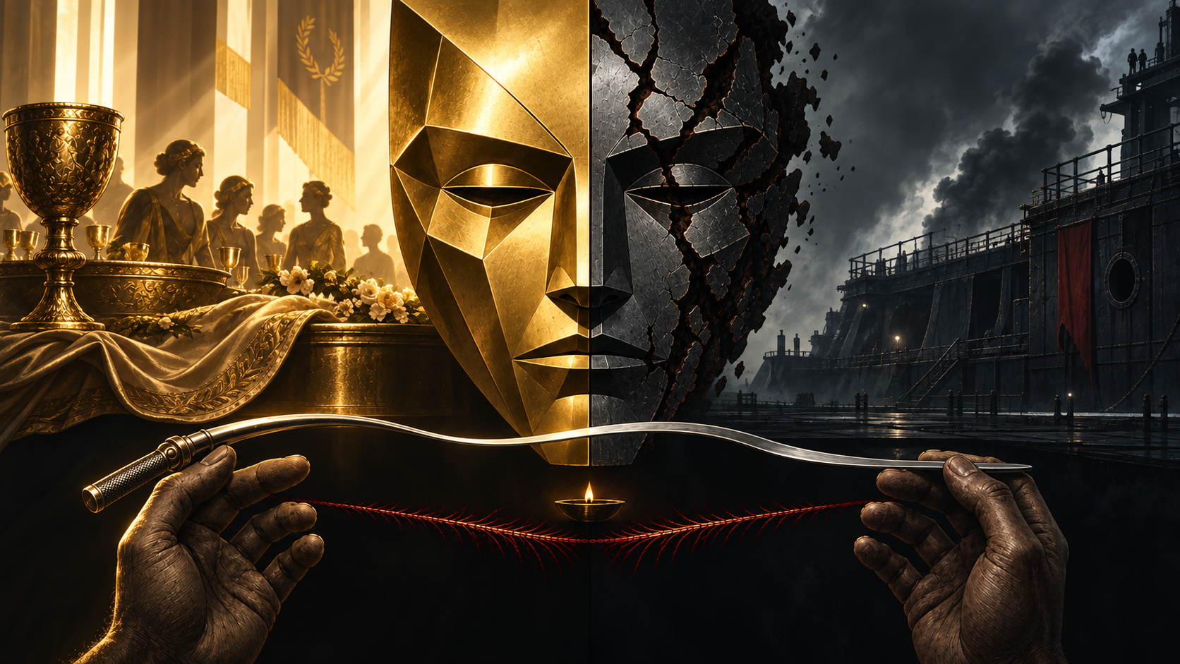 A split editorial plate contrasts a glowing Gold mask, banquet, and razor with a dark fractured mask and industrial warship; two hands hold the razor across the divide.