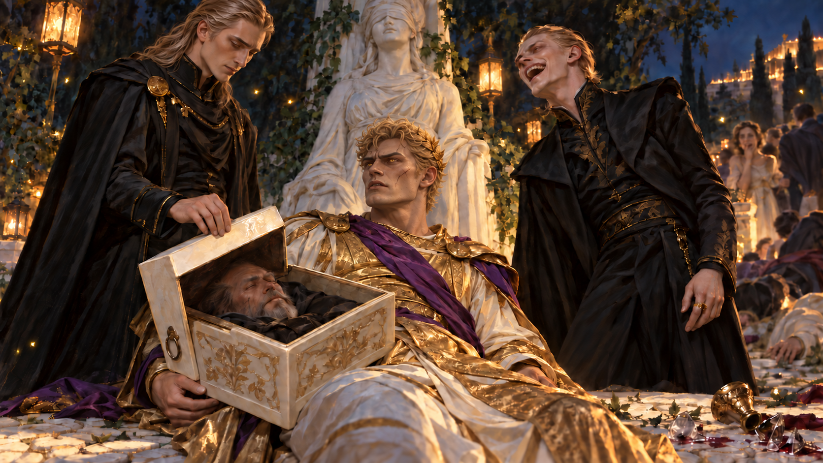 Darrow slumps in Gold regalia with an open ivory box across his lap; Roque and the Jackal stand on either side beneath a blind statue in a lantern-lit garden as chaos unfolds behind them.