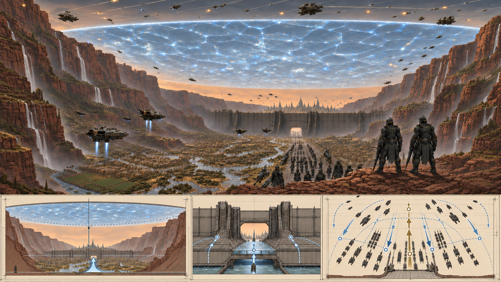 A walled canyon and city sit beneath a broad translucent disc shield; aircraft, dropships, and troops converge through a narrow opening, with three tactical diagrams below.