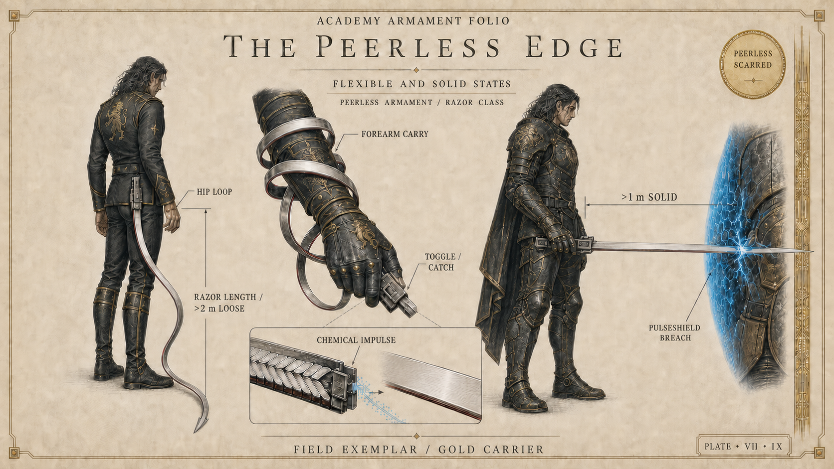 An Academy armament folio labelled GOLD CARRIER shows a white-silver razor loose at the hip, coiled around a forearm, and hardened in a hand as it breaches a blue pulseShield.