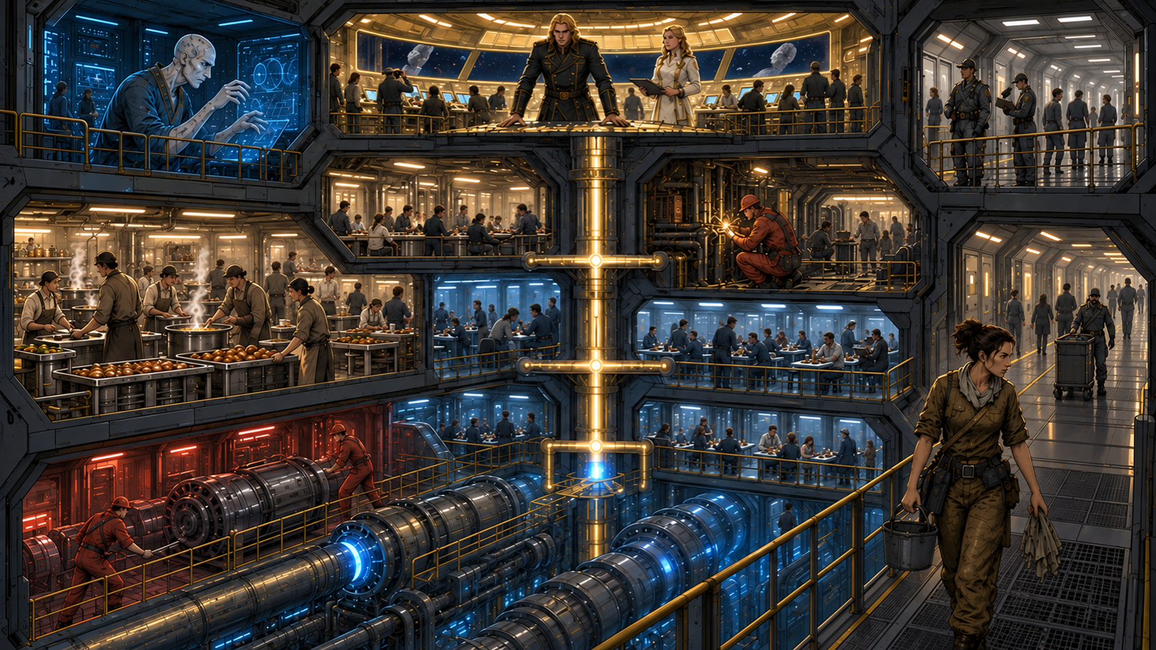 A cutaway warship appears as a stacked city of command, navigation, kitchens, machinery, living quarters, and labour decks linked by a glowing central spine.