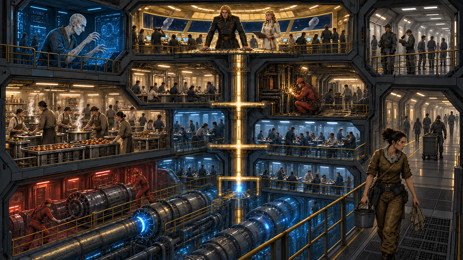 A cutaway warship appears as a stacked city of command, navigation, kitchens, machinery, living quarters, and labour decks linked by a glowing central spine.